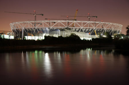 London Olympic Stadium Construction Site at Night.