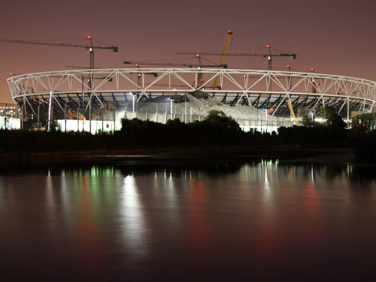 London Olympic Stadium Construction Site at Night.